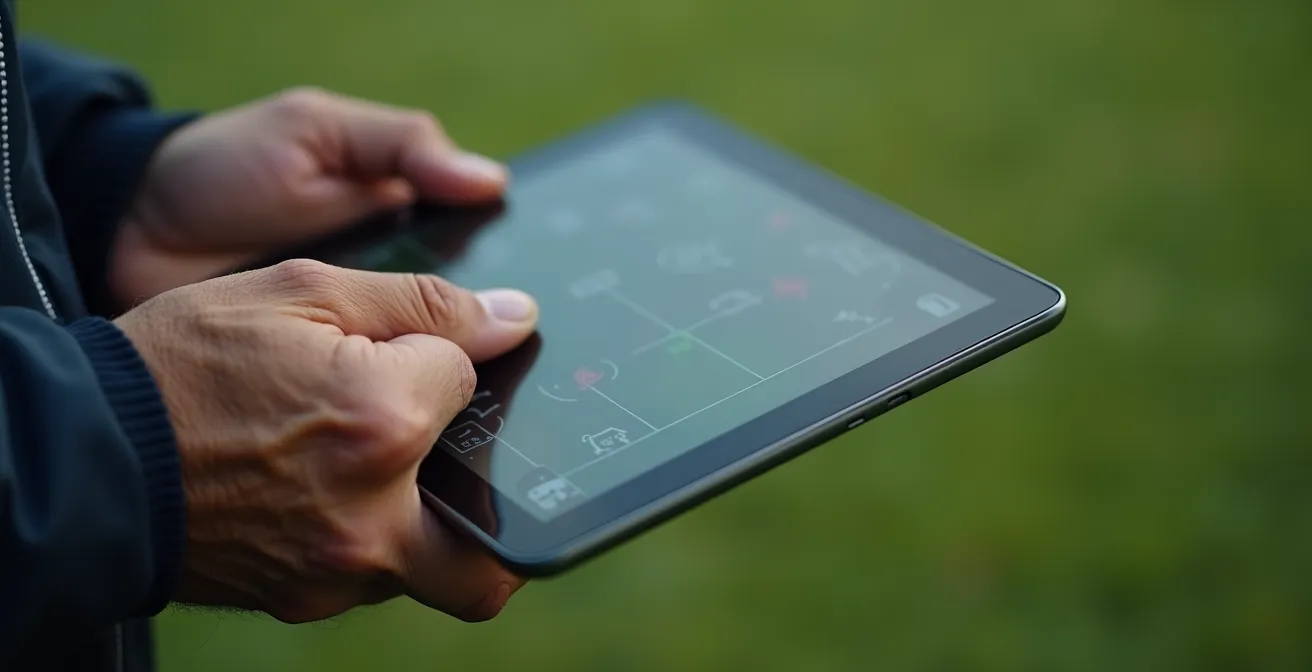 Vue macro d'une tablette tenue par un entraîneur montrant des schémas tactiques sur terrain