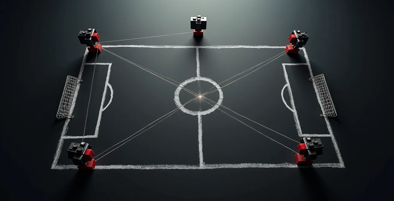 Vue symbolique montrant différents angles de caméra autour d'un terrain de football avec des lignes de perspective