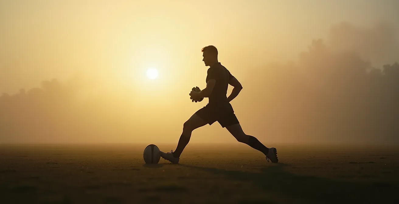Vue latérale montrant l'angle optimal du tibia en position de mêlée