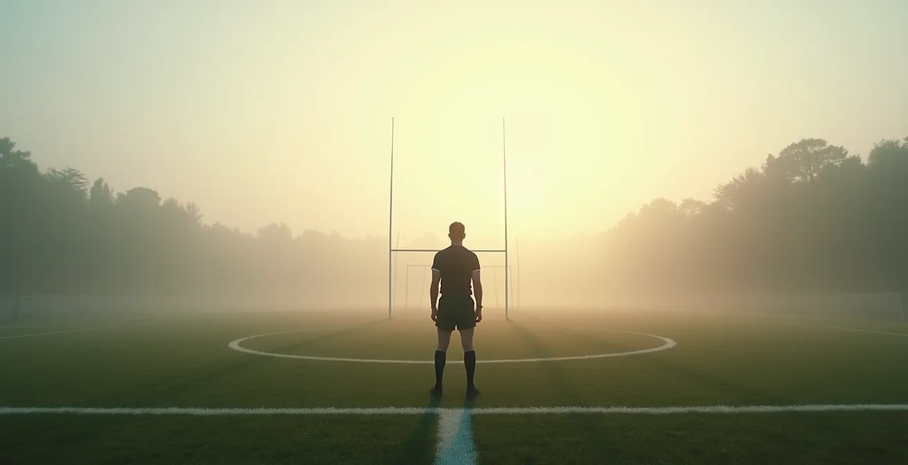 Vue en perspective d'un terrain de rugby avec un arbitre seul au centre, lignes de touche visibles