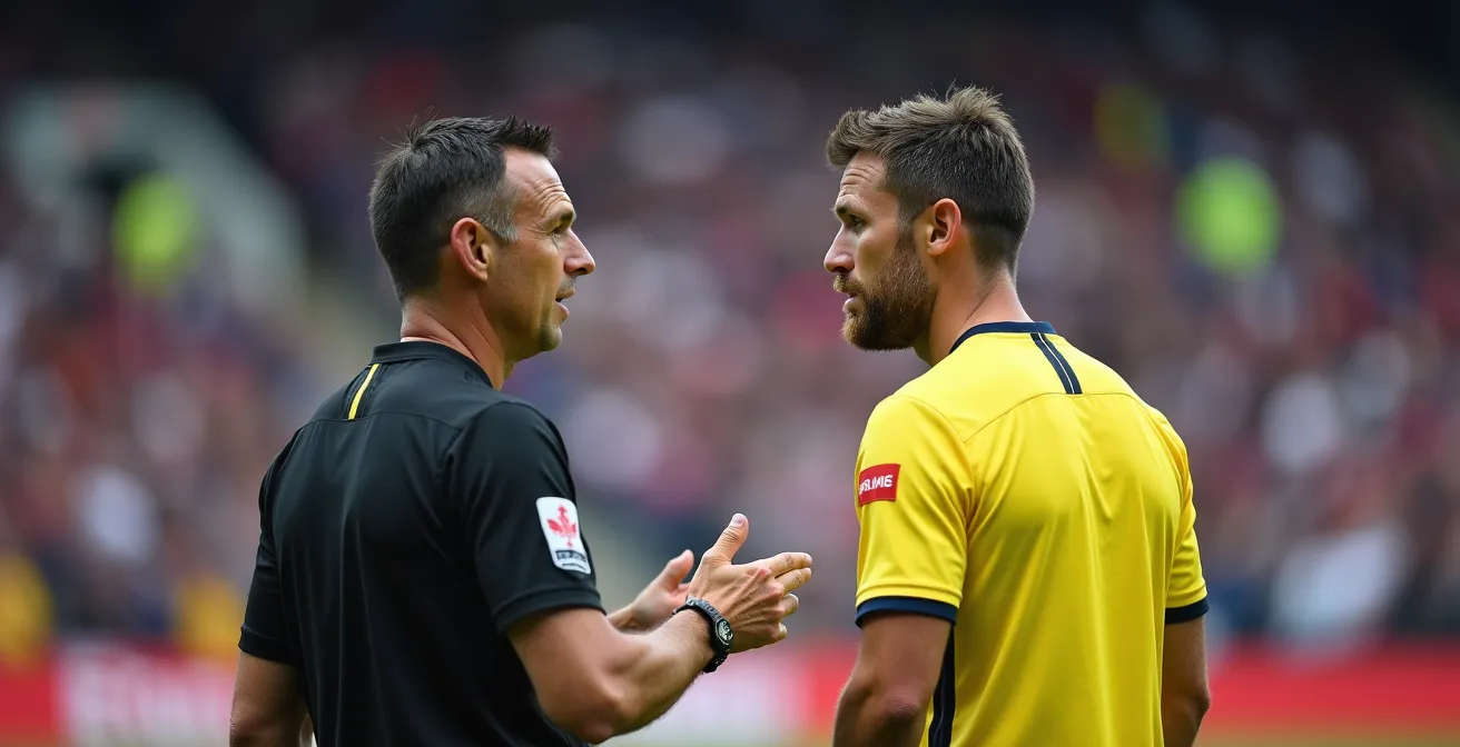 Arbitre de rugby avec micro visible communiquant avec les joueurs sur le terrain