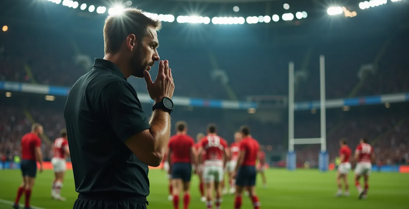 Arbitre communiquant avec le TMO via oreillette pendant l'analyse d'un essai litigieux