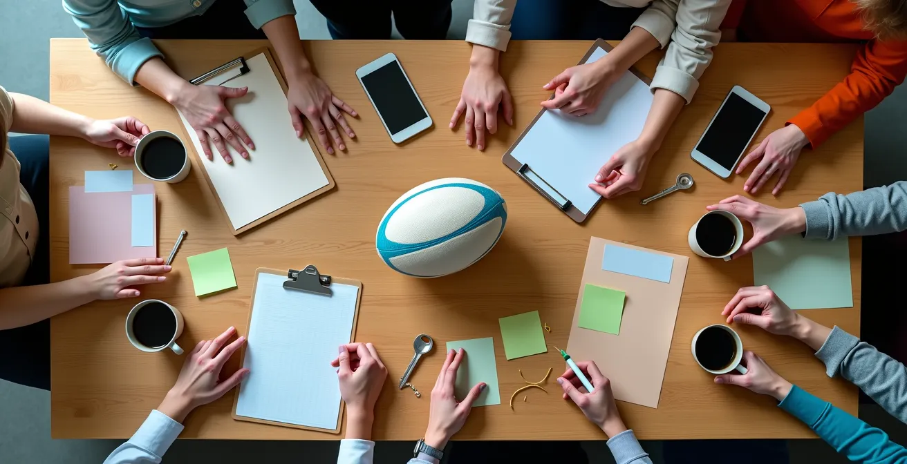 Bénévoles de club de rugby en réunion de coordination