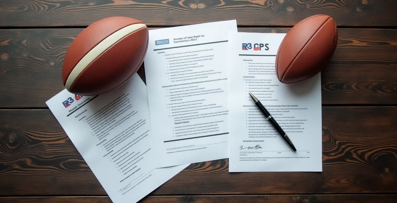 Vue en plongée d'un bureau avec documents d'inscription rugby et certificat médical