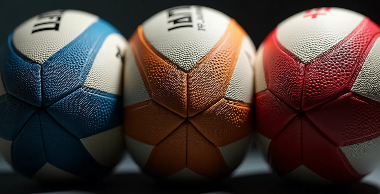 Trois ballons de rugby alignés montrant les différences de texture et qualité entre match, entraînement et replica