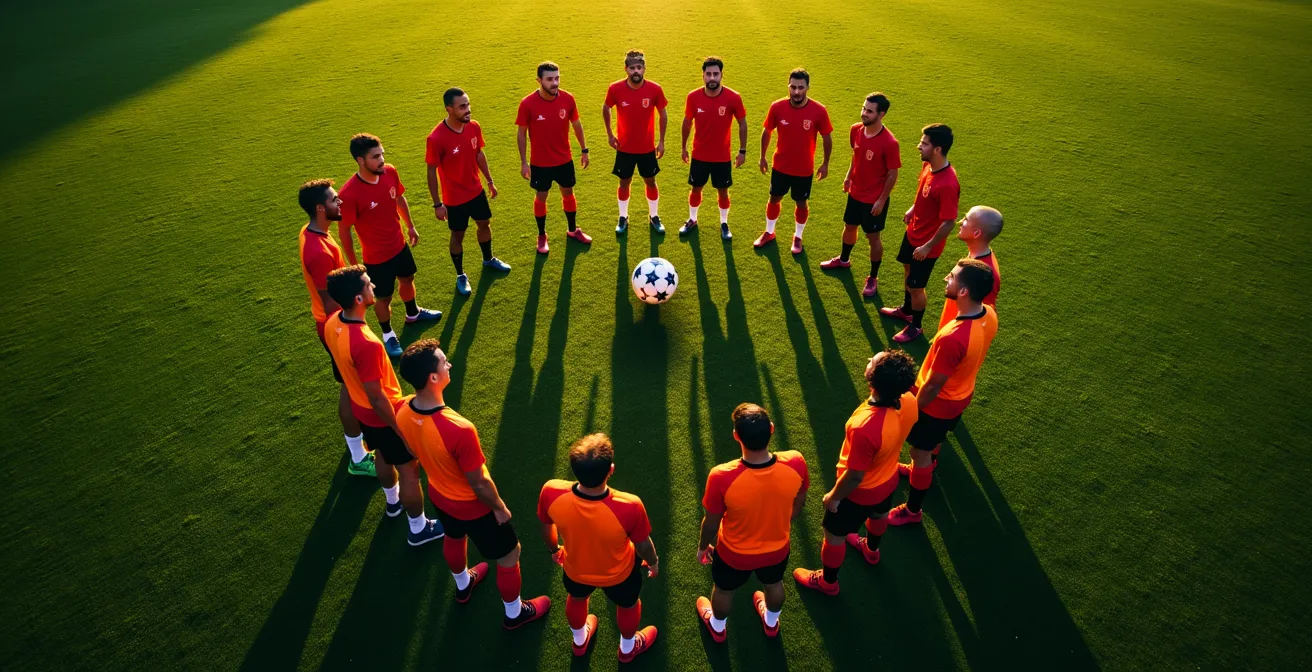 Vue aérienne d'un groupe de joueurs en cercle effectuant un rondo d'échauffement avec ballon
