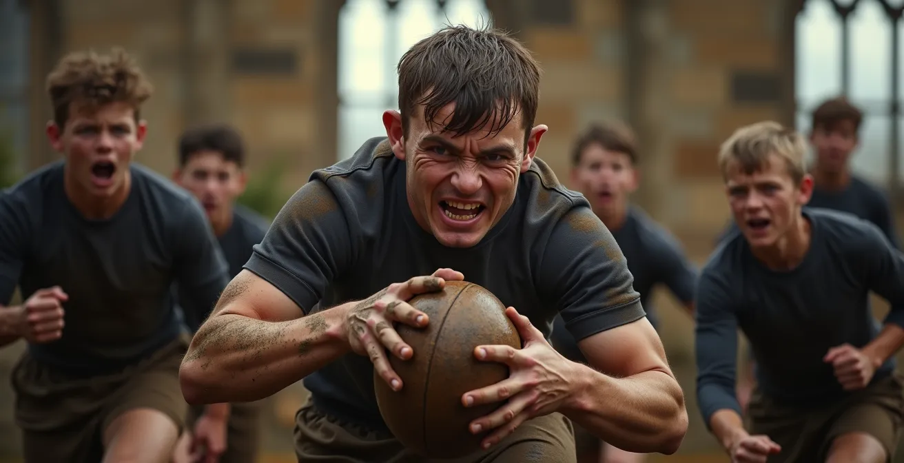 Groupe de jeunes hommes en tenue victorienne lors d'un entraînement physique rigoureux sur le terrain de Rugby School