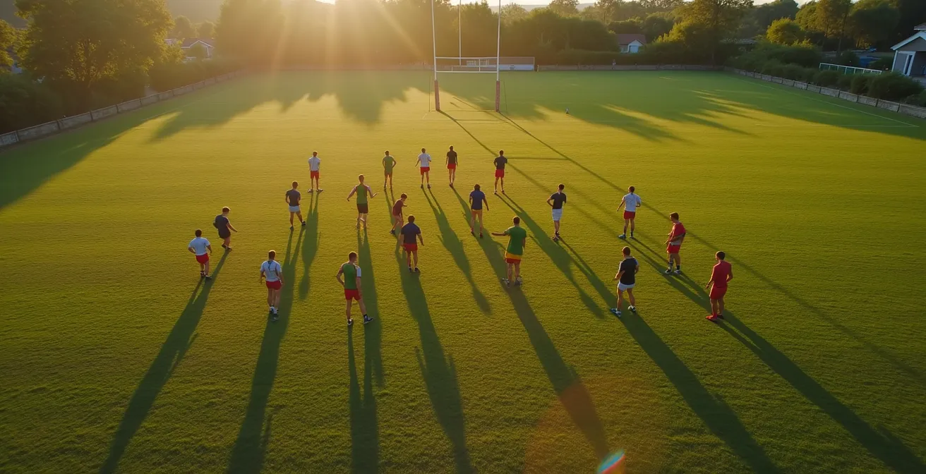 Vue aérienne d'un terrain d'entraînement avec des joueurs amateurs répétant une combinaison simple