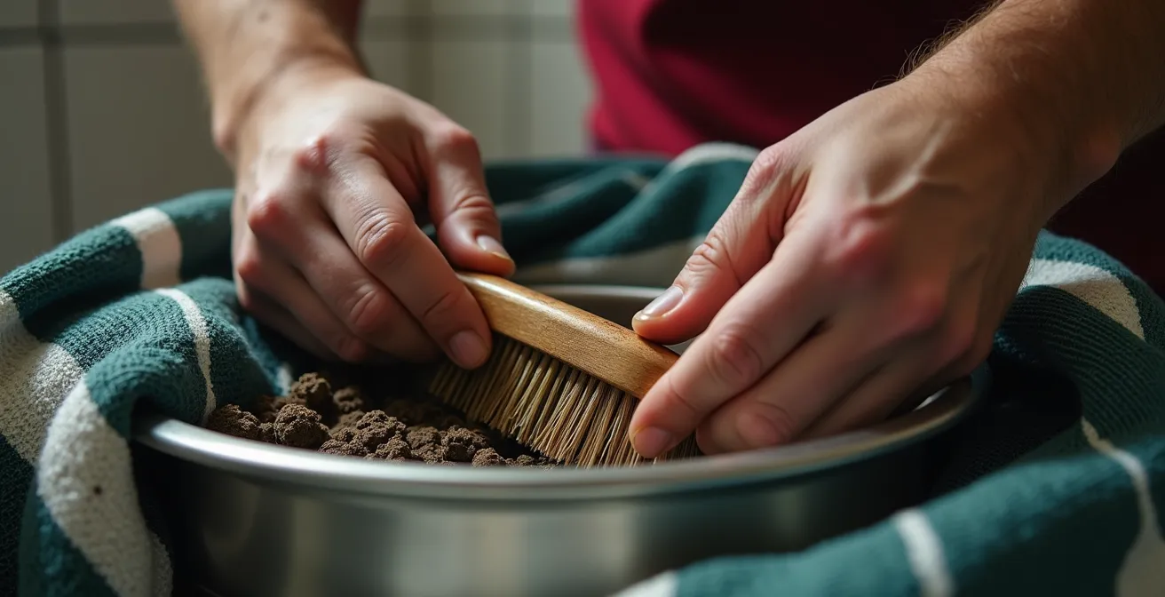 Mains brossant délicatement un maillot de rugby avec brosse douce au-dessus d'une bassine