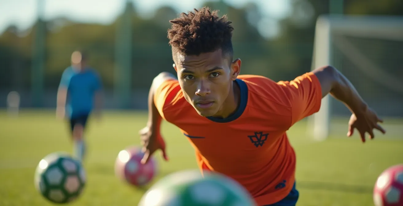 Joueur de football s'entraînant avec des balles de réaction colorées sur terrain