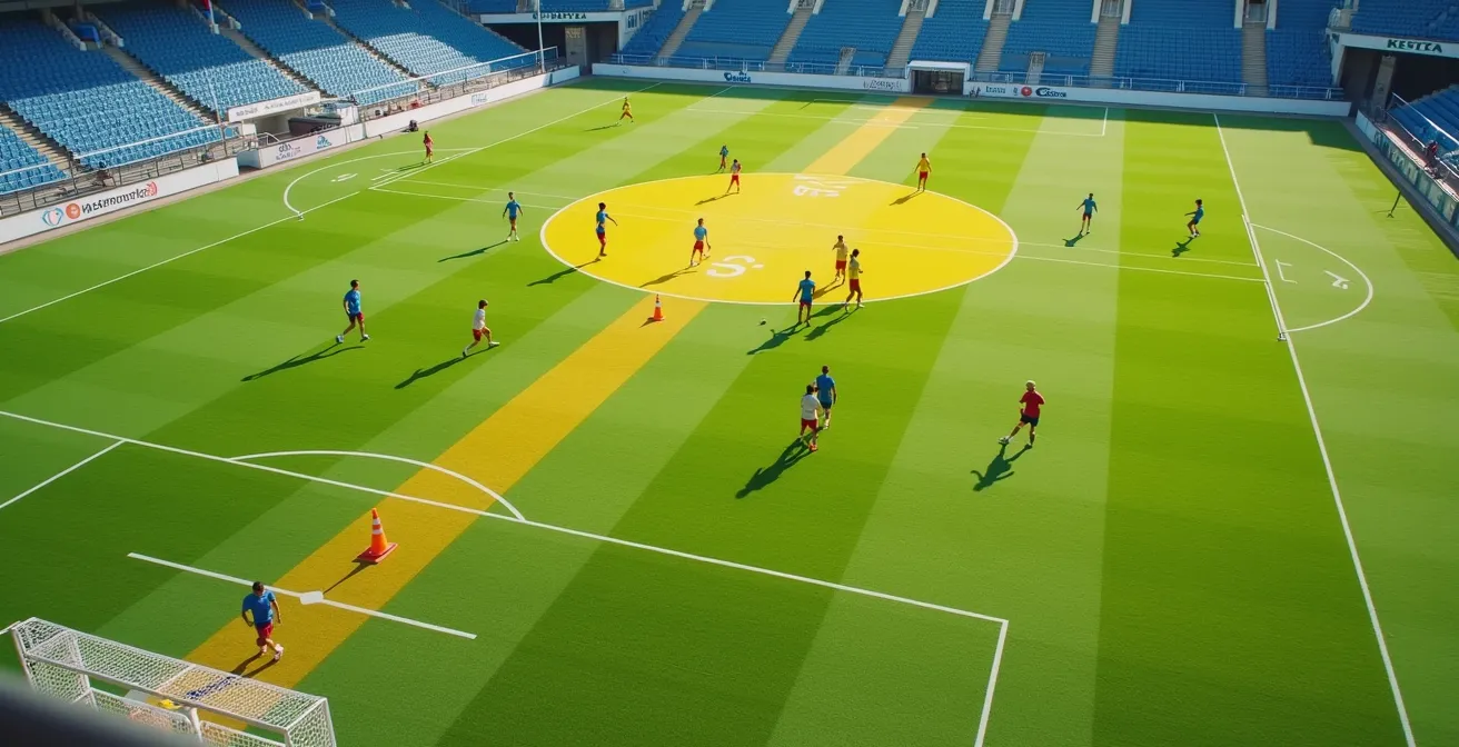 Terrain d'entraînement divisé en zones colorées avec joueurs de différents niveaux s'entraînant ensemble
