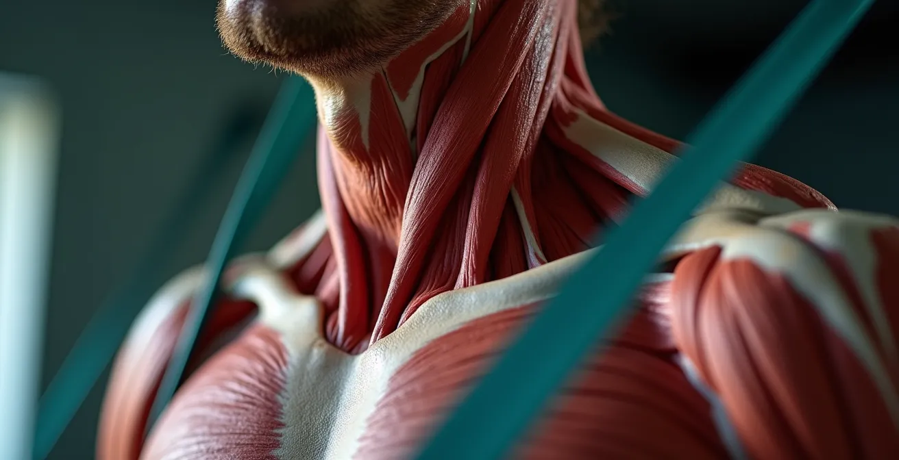 Rugbyman effectuant un exercice de gainage cervical avec élastique