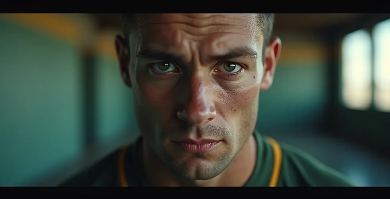 Portrait serré d'un joueur de rugby montrant les signes visibles de l'épuisement nerveux central
