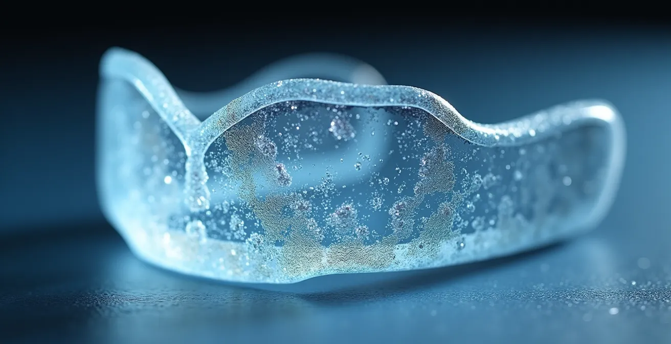 Vue macro détaillée montrant la structure moléculaire d'un protège-dents avec signes de fatigue du matériau