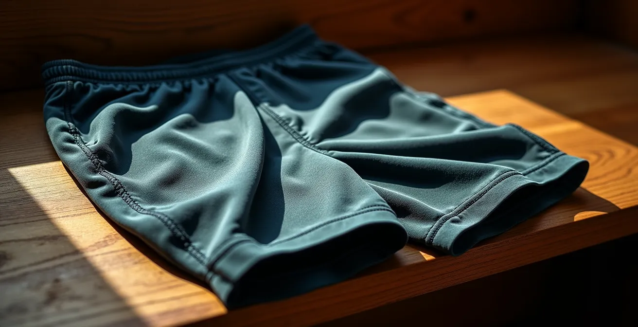 Vue rapprochée d'un short de rugby montrant les zones d'usure typiques avec éclairage révélateur