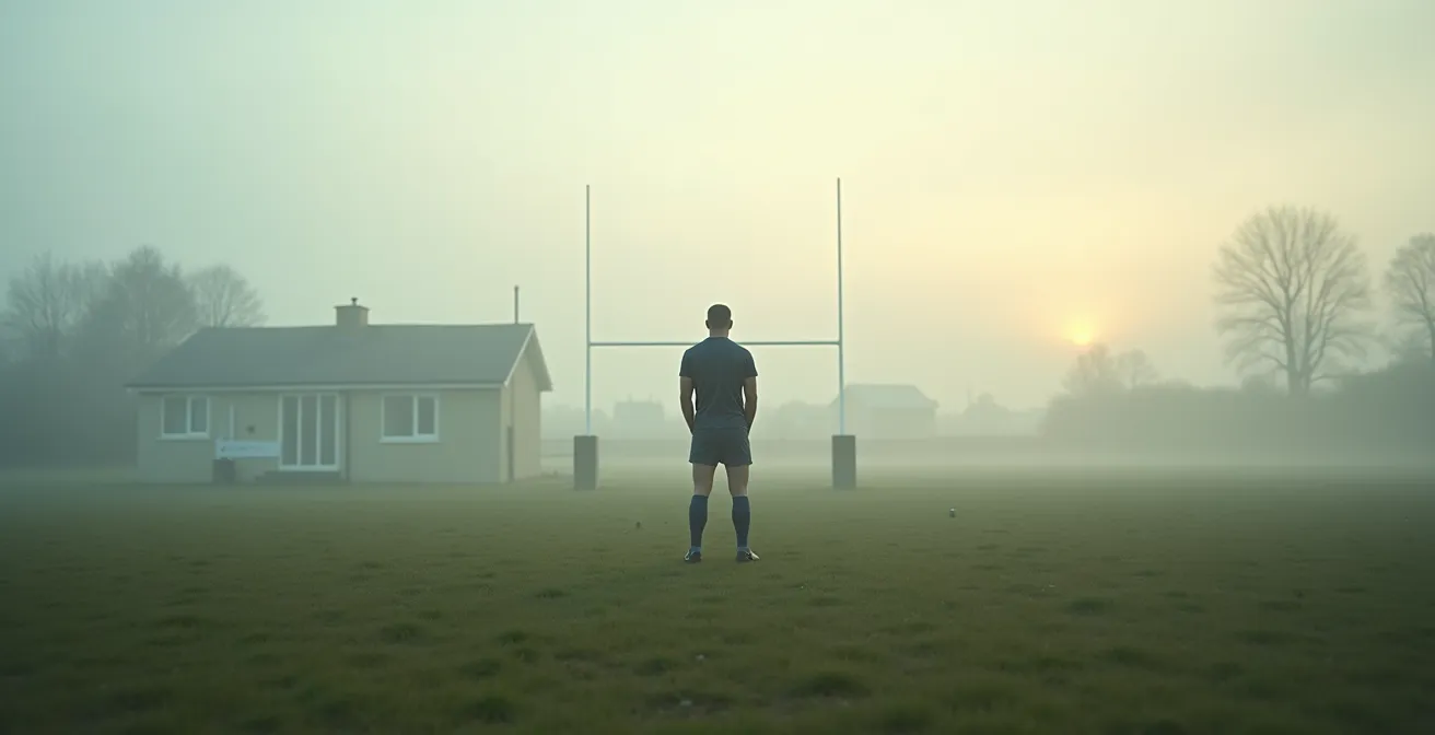 Scène minimaliste d'un terrain de rugby amateur avec un joueur isolé, symbolisant le défi de l'application des protocoles