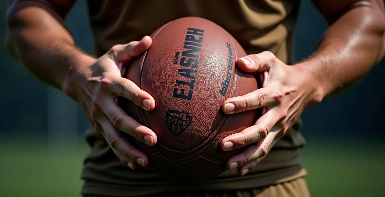 Gros plan macro sur les mains d'un rugbyman tenant le ballon juste avant la passe
