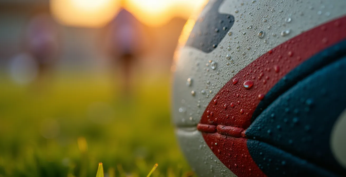 Vue macro détaillée d'un ballon de rugby sur gazon avec gouttes de rosée