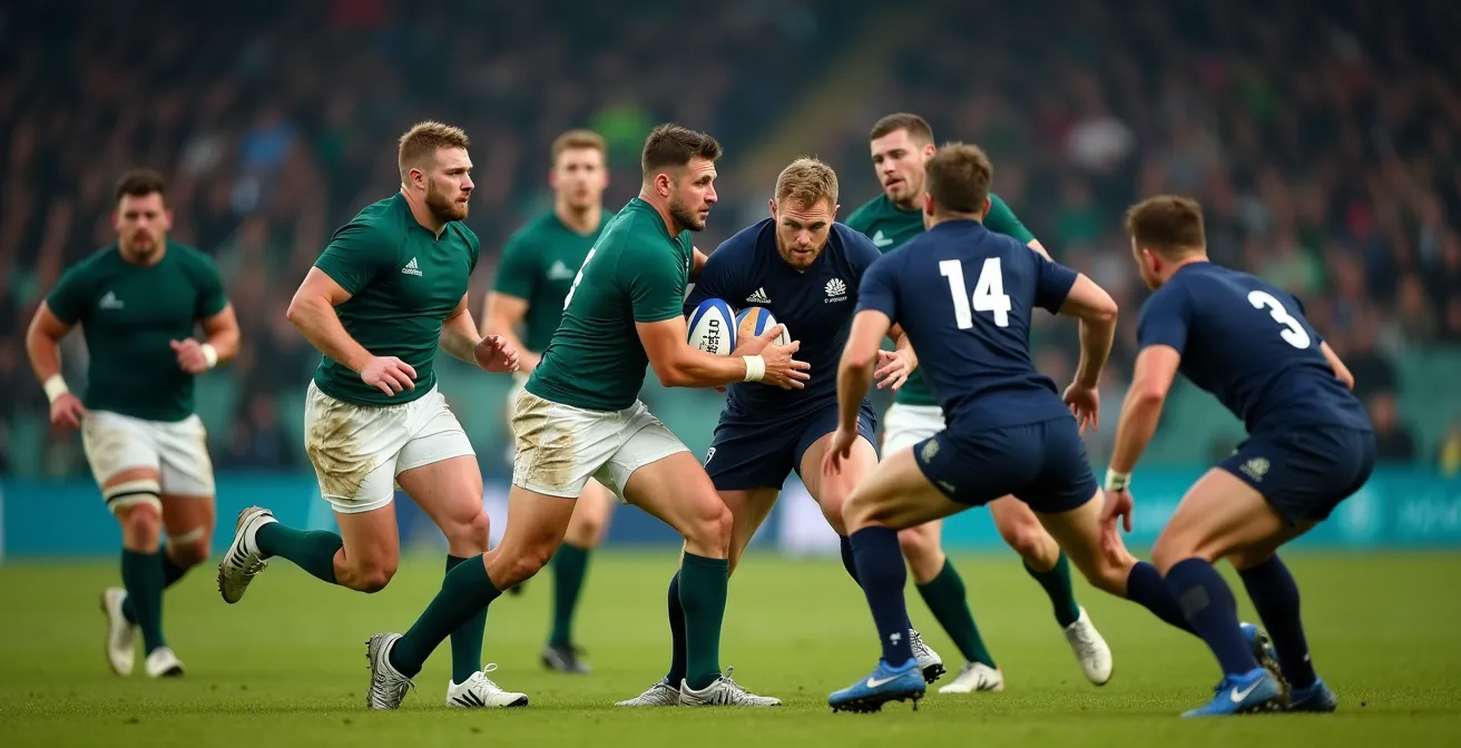 Vue de côté d'un mouvement de loop au rugby avec l'ouvreur qui redouble derrière le premier centre