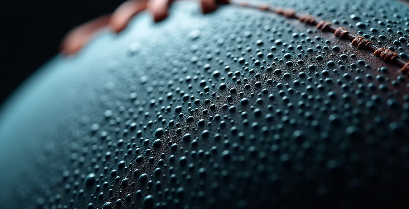 Vue macro de la texture et des picots d'un ballon de rugby professionnel