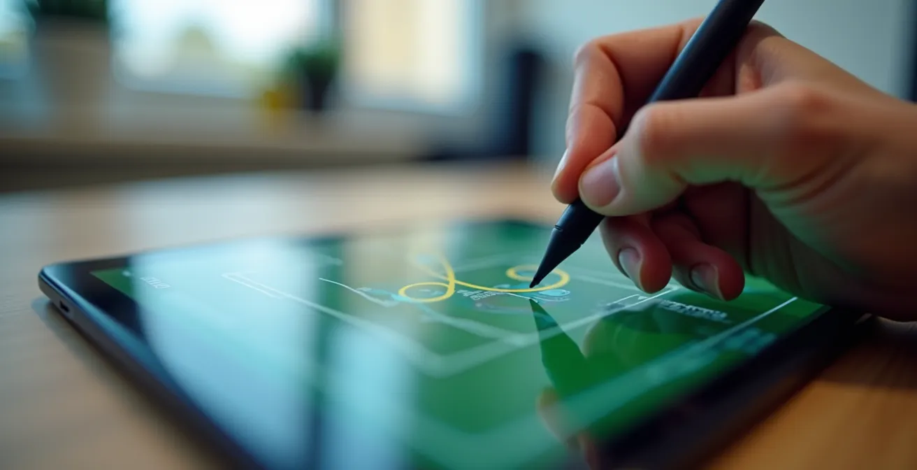 Gros plan sur des mains annotant une séquence de match de football sur un écran d'ordinateur avec des outils de dessin tactique