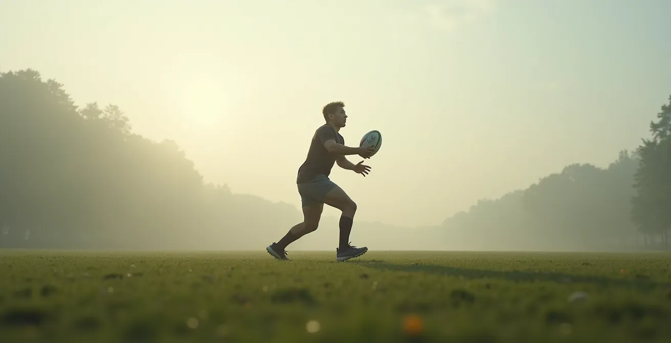 Joueur de rugby effectuant une passe vissée longue distance dans un espace dégagé