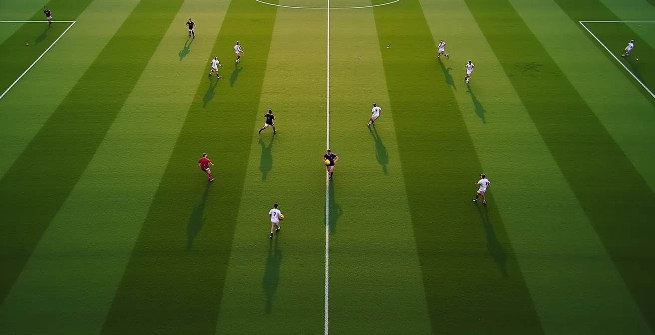 Vue aérienne d'un terrain de rugby montrant les positions stratégiques pour une passe dans le dos