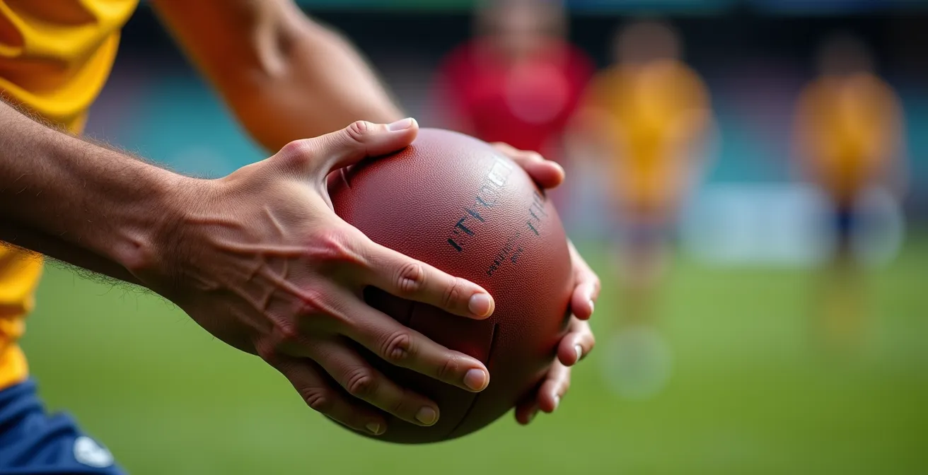 Gros plan sur les mains d'un joueur de rugby effectuant une passe dans le dos