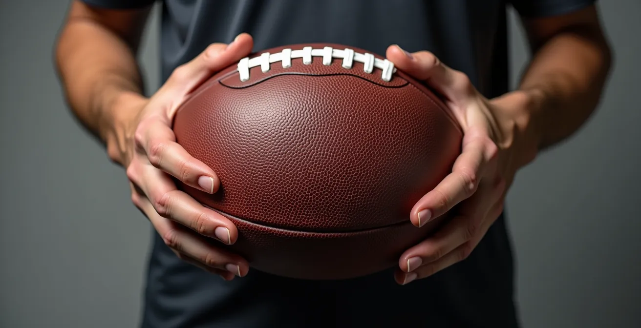Gros plan sur les mains tenant un ballon de football américain, doigts sur les lacets, main d'appui en position