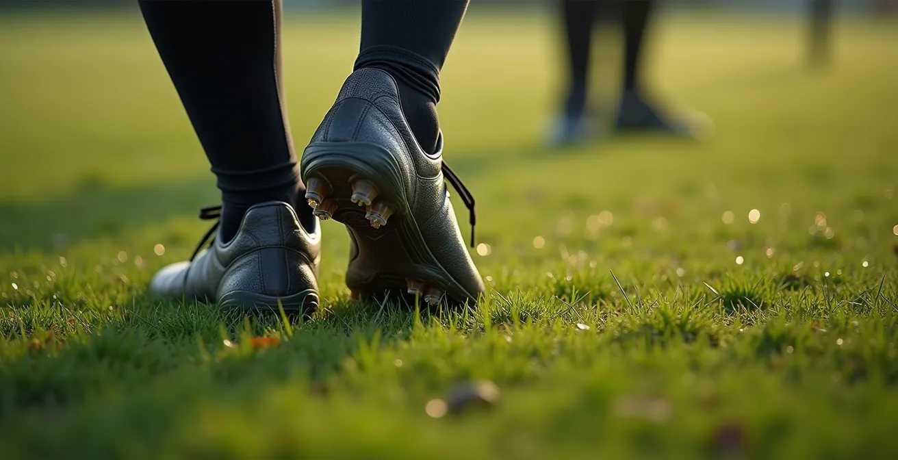 Gros plan sur les pieds d'un rugbyman en position d'ancrage tripode