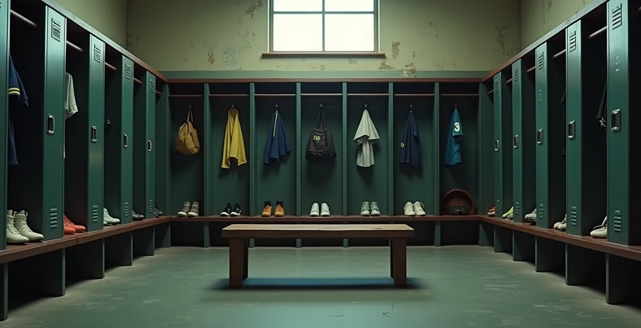 Vestiaire de rugby montrant subtilement les disparités entre joueurs, avec des équipements de qualité variable