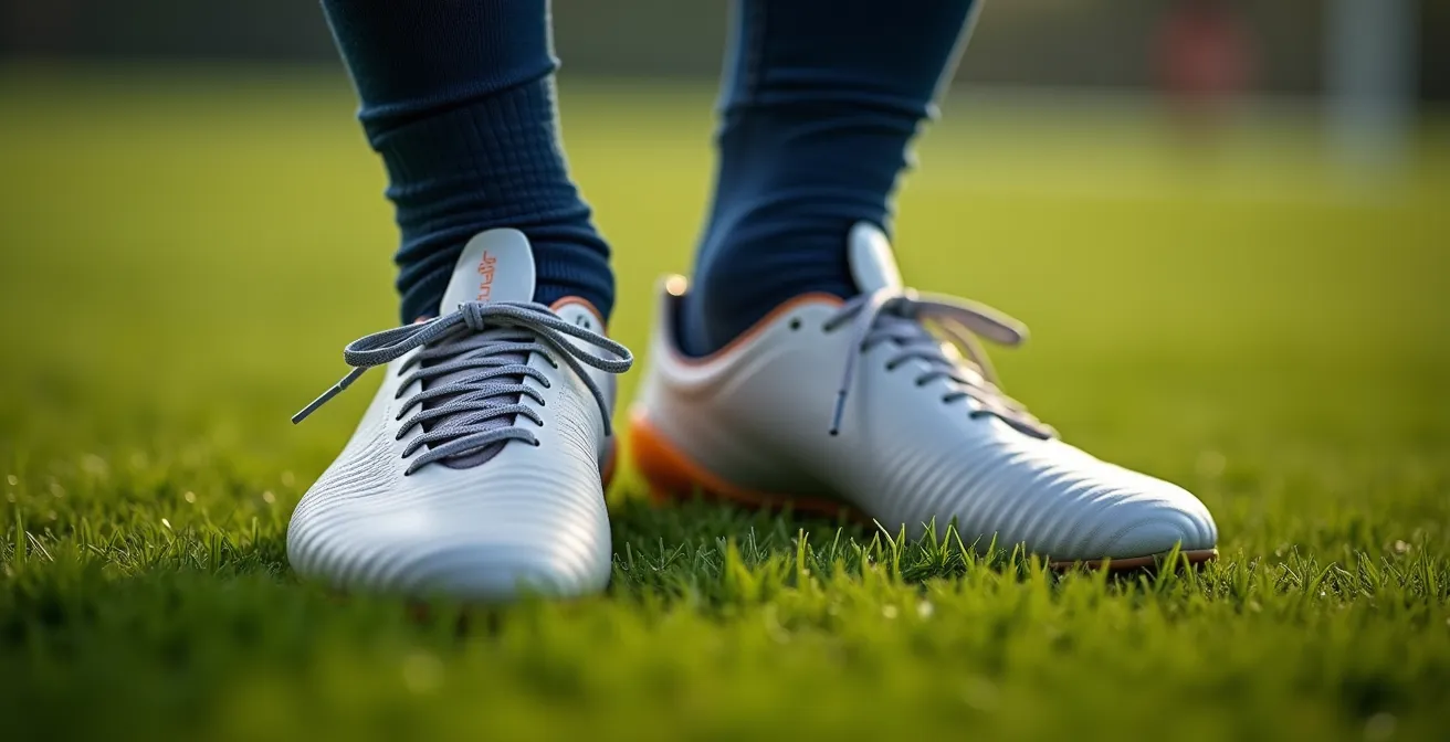 Gros plan sur des pieds chaussés de crampons neufs avec chaussettes épaisses de match, montrant l'ajustement progressif