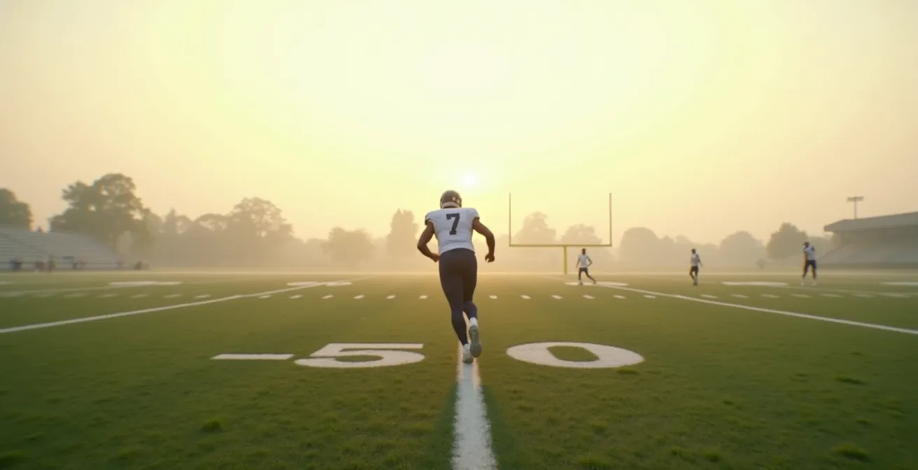 Quarterback avançant vers la ligne défensive, pied avant planté, corps en rotation pour la passe