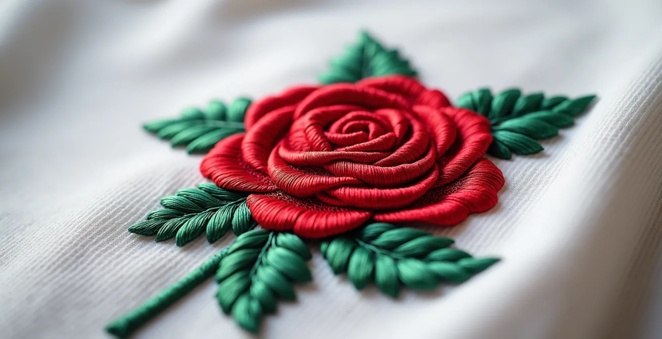 Gros plan macro sur la rose brodée du maillot anglais, symbole du soft power de la RFU