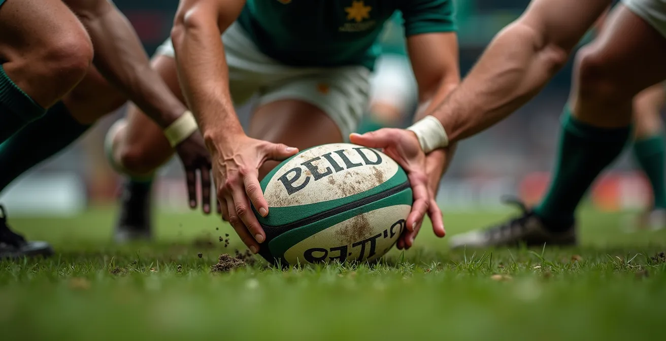 Gros plan sur les mains et le ballon lors d'un ruck avec effet de mouvement