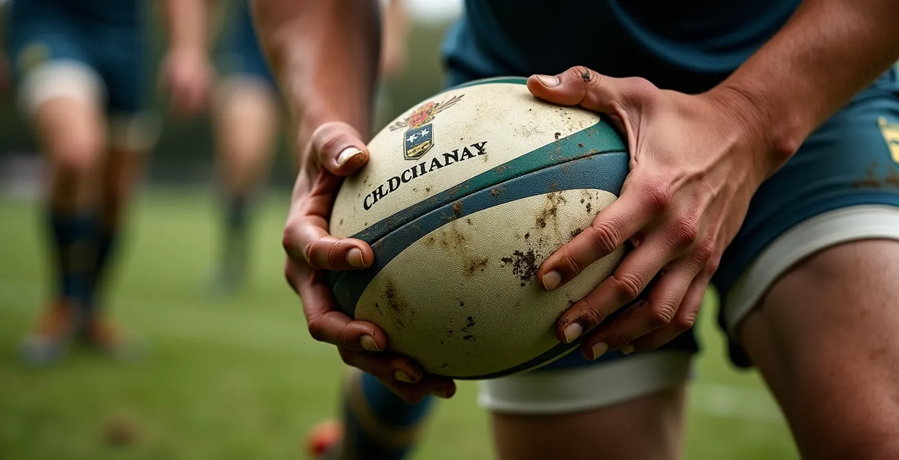 Gros plan macro sur des mains disputant un ballon dans un ruck, herbe et boue visibles
