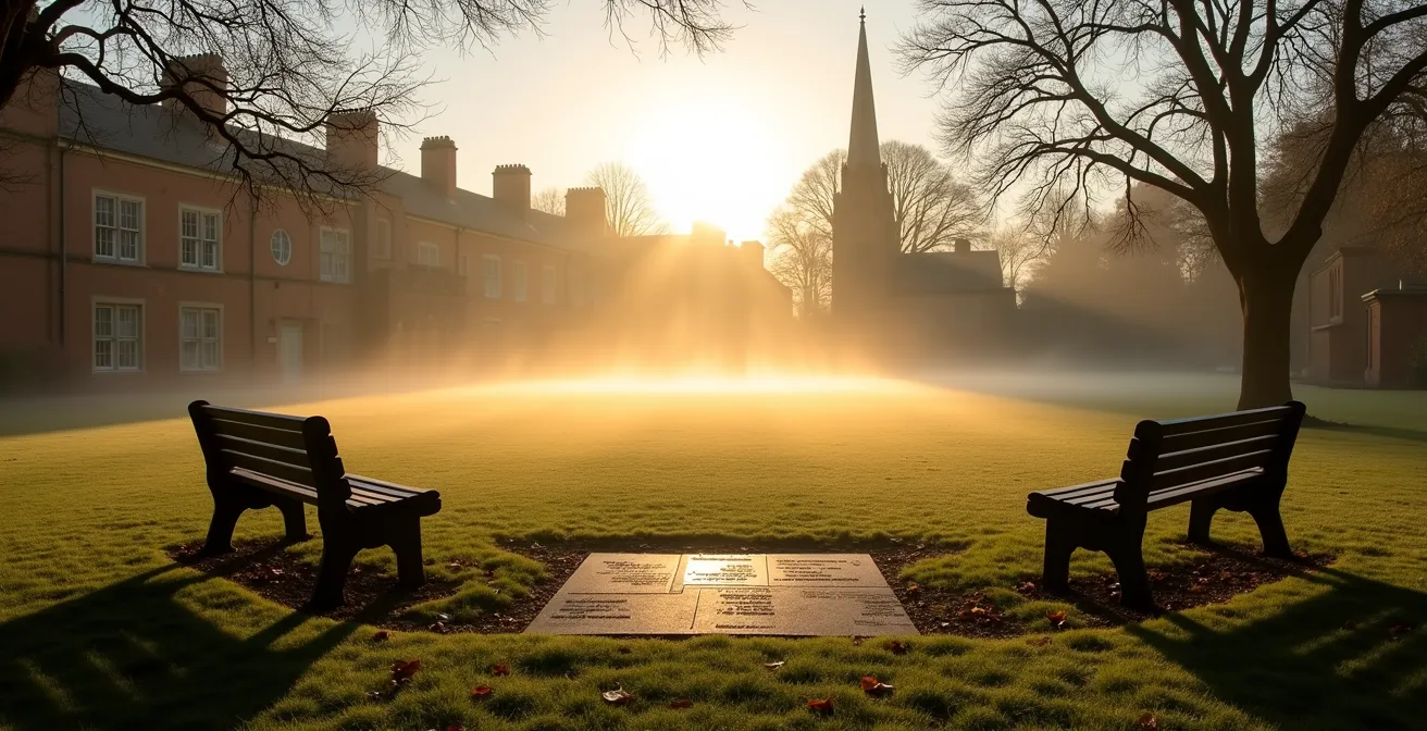 Vue panoramique du terrain historique The Close à Rugby School au petit matin avec la brume automnale