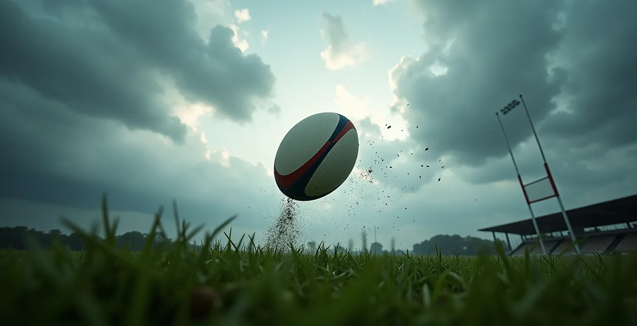 Ballon de rugby en vol avec trajectoire déviée par le vent lors d'un tir au but