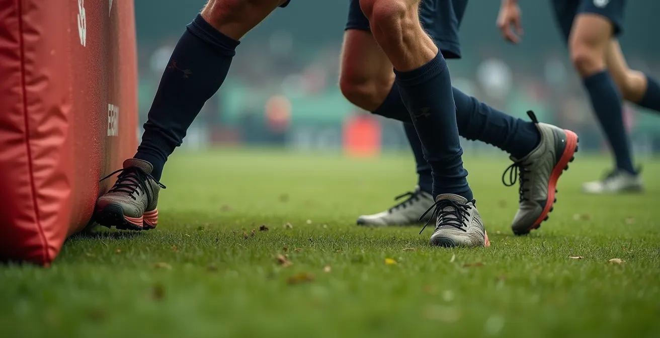 Gros plan sur les jambes d'un joueur en position de plaquage face à un sac d'entraînement