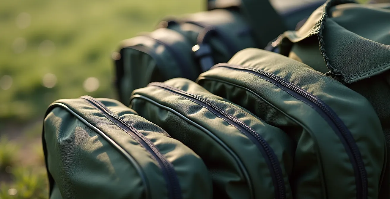 Comparaison visuelle de trois sacs de plaquage de différentes tailles alignés sur terrain d'entraînement