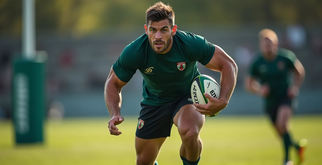Joueur de rugby effectuant la transition entre plaquage sur sac et récupération du ballon