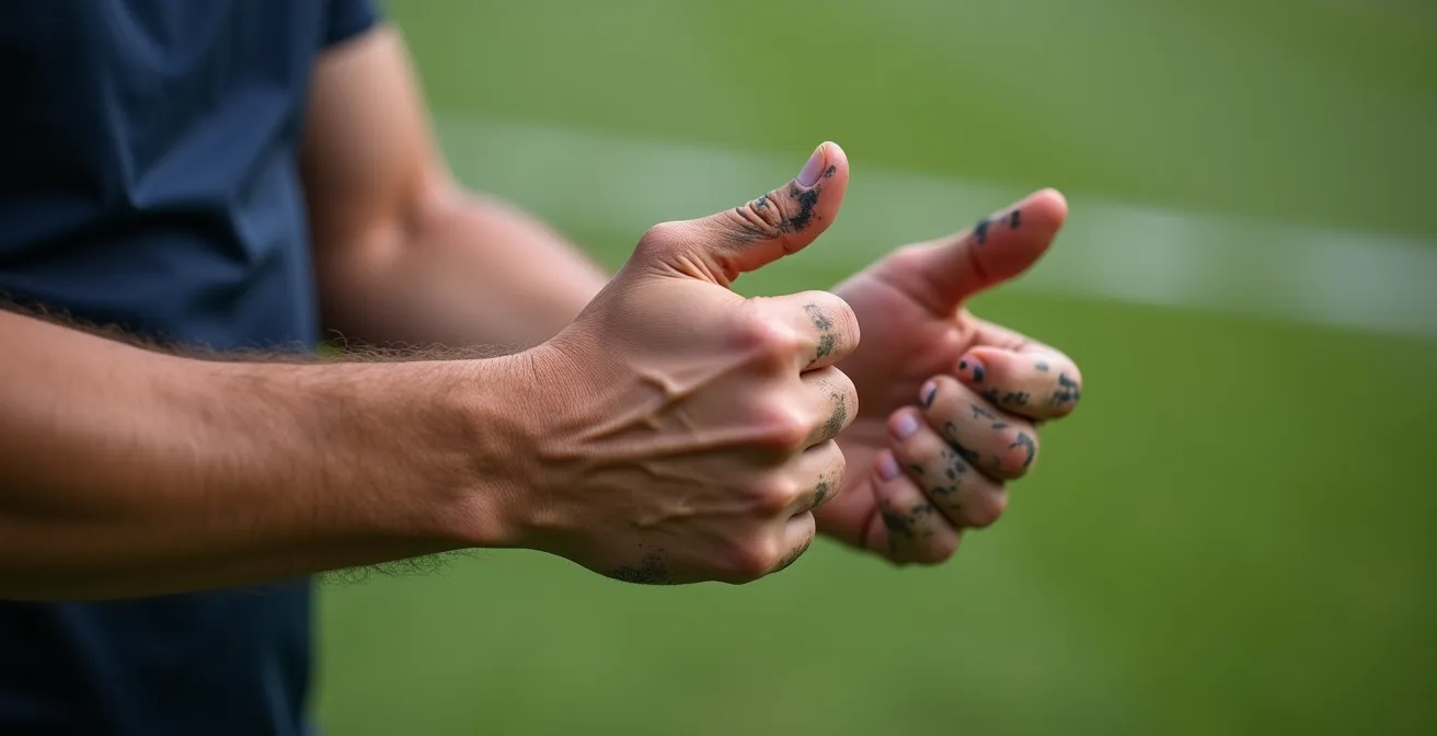 Gros plan sur les mains d'un demi d'ouverture faisant un signal discret à ses coéquipiers pendant un match