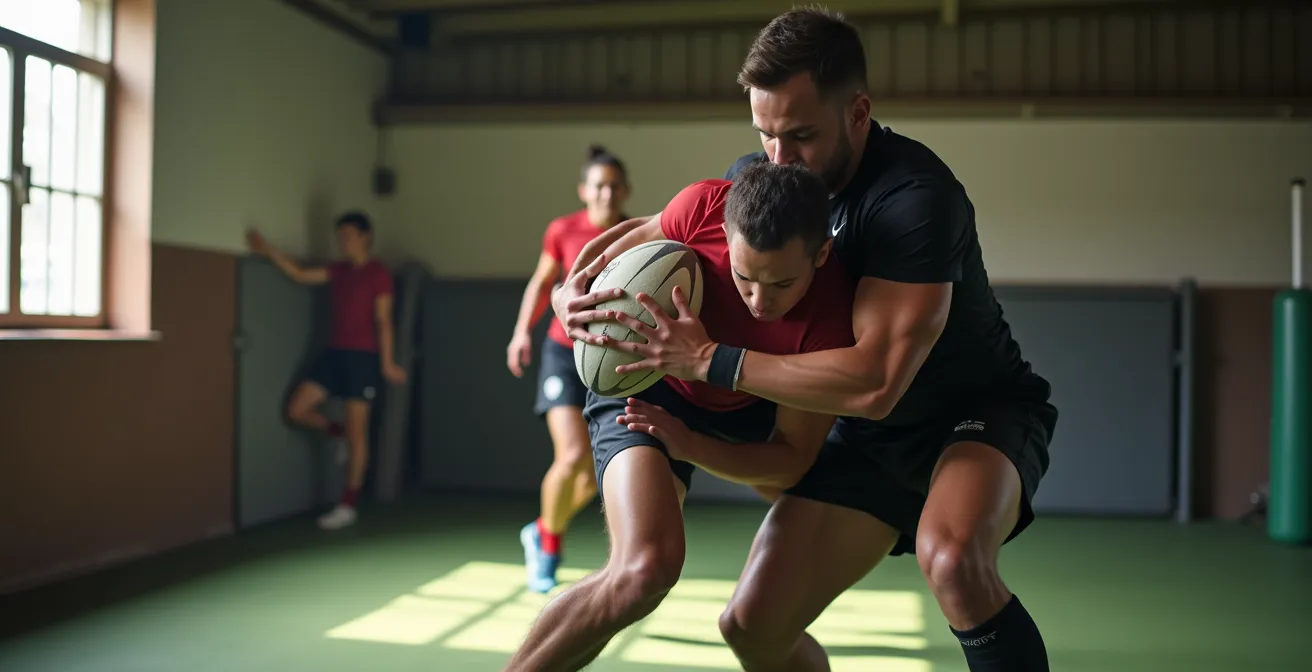 Rugbyman effectuant une rotation des hanches pour descendre un verrouillage sur un adversaire
