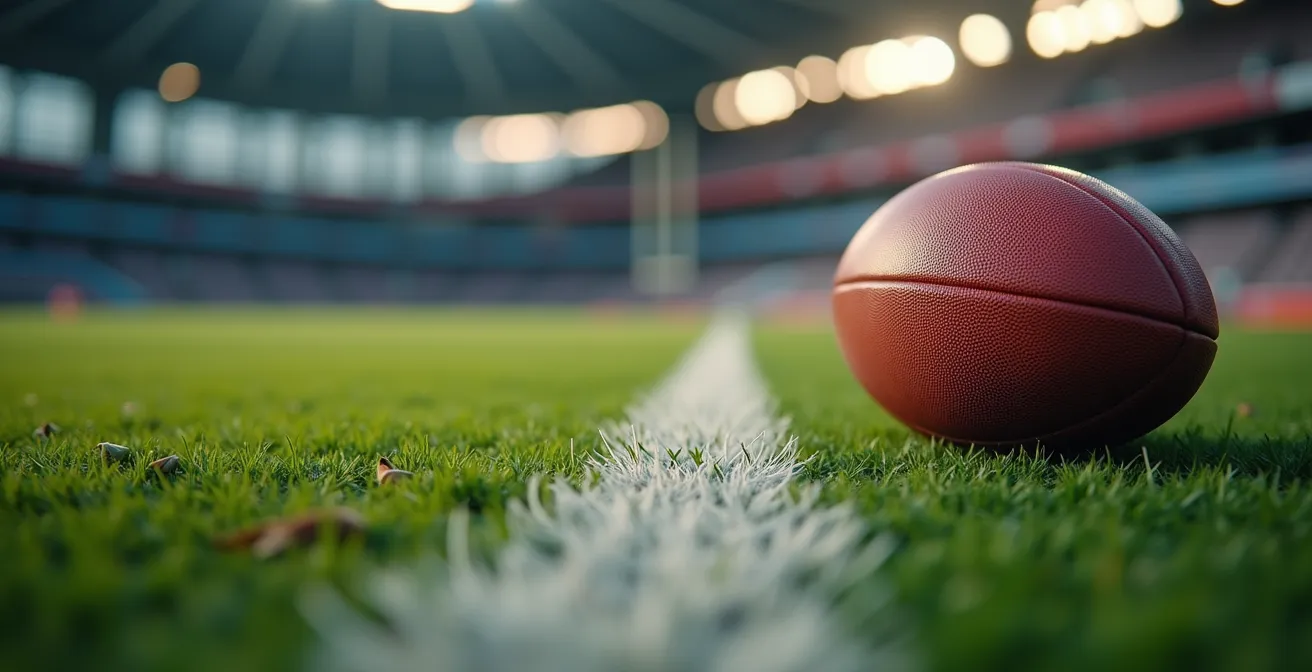 Vue macro d'un ballon de rugby sur la ligne avec superposition graphique abstraite suggérant l'analyse technologique