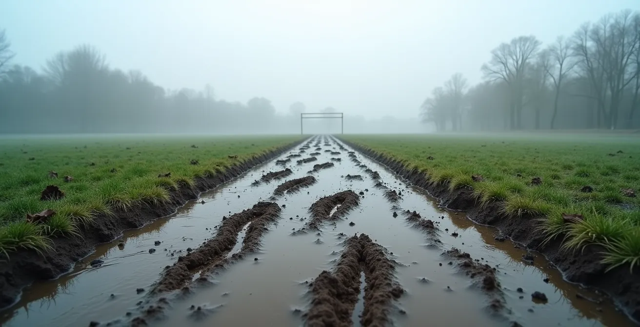 Vue latérale d'un terrain de football boueux en novembre avec traces de glissade et empreintes de crampons