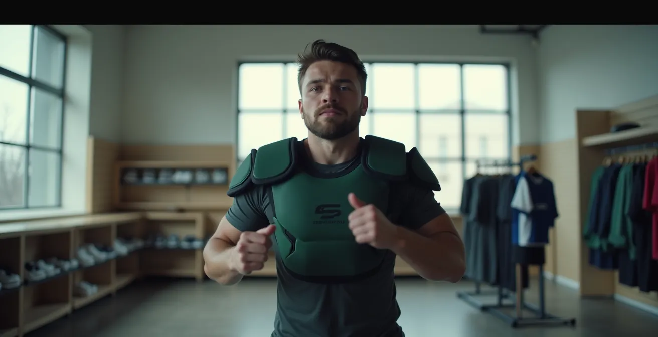 Démonstration des mouvements de test pour l'ajustement d'une épaulière de rugby