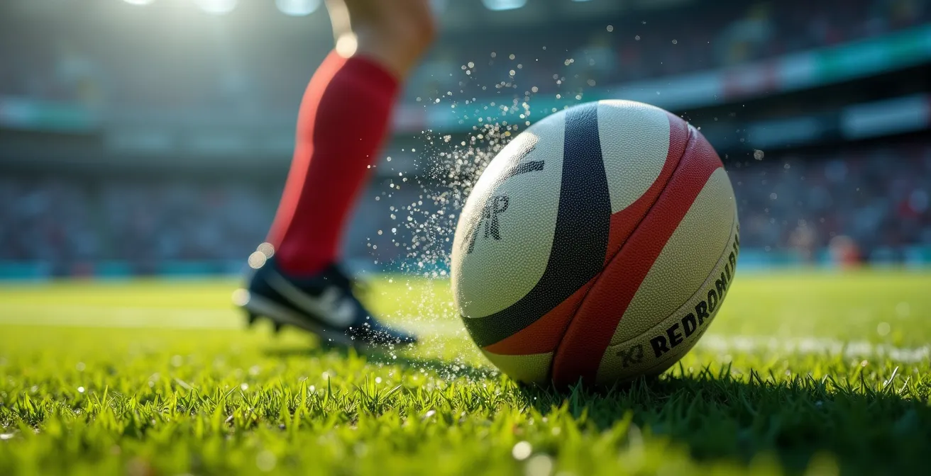 Vue macro d'un ballon de rugby au moment du coup de pied de dégagement avec effet de pression