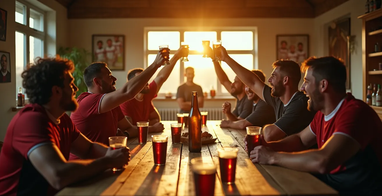 Club-house de rugby après match avec joueurs partageant un moment festif