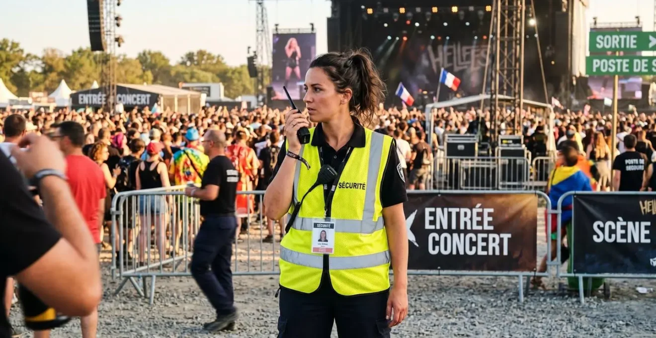 Agent de sécurité événementiel portant un gilet haute visibilité jaune avec système rafraîchissant, en surveillance lors d'un festival outdoor estival, foule et structures événementielles en arrière-plan.