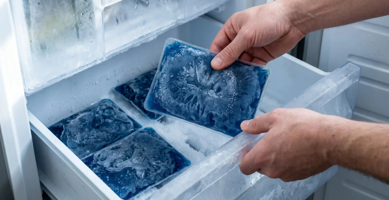 Gros plan sur quatre inserts PCM rectangulaires bleu foncé posés dans un tiroir de congélateur, mains en train d'en manipuler un, givre visible sur les surfaces.